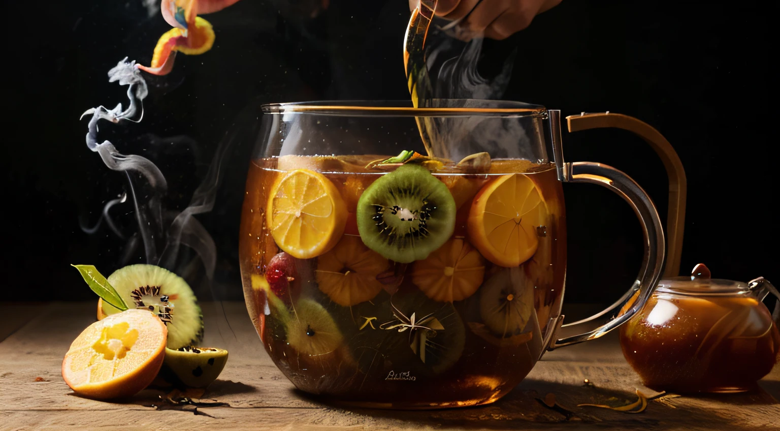 Imagem de (((Tropical Fruit Tea))), sendo colocado em copos transparentes, with a kettle emitting smoke showing some of the ingredients it is made of, I really want clarity with every possible detail in this image.