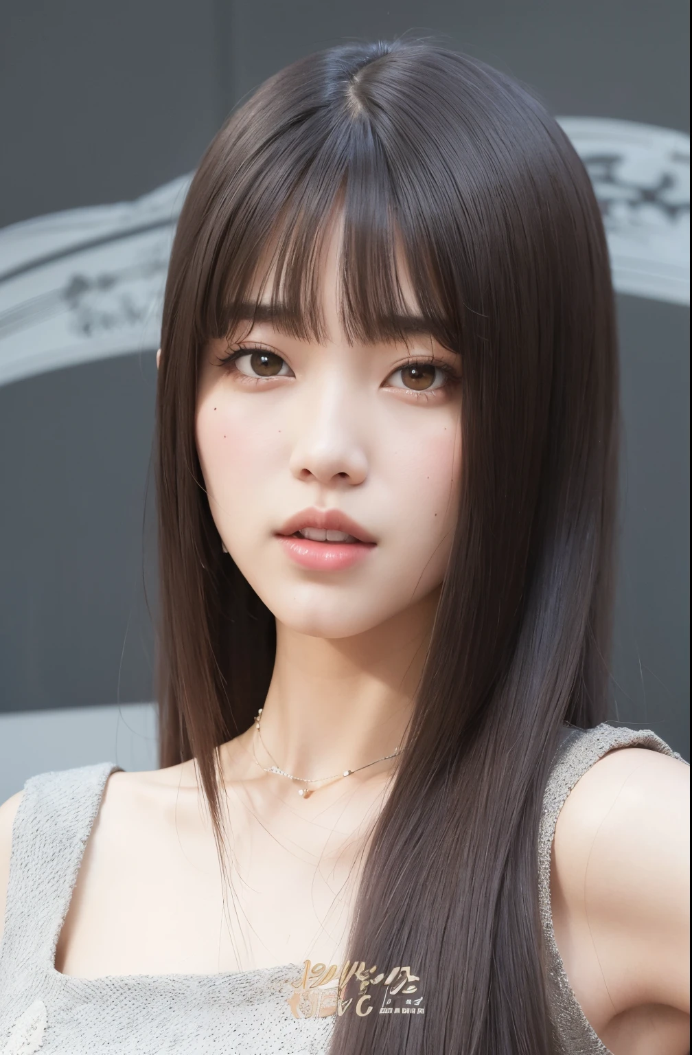 un primer plano de una mujer con cabello largo y vestido gris, Lalisa Manobal, Lalisa Manoban de Blackpink, El Corte Hime, Ella tiene el pelo negro con flequillo, Cabello limpio con flequillo, Flequillo partido en el centro, con flequillo, con flequillo completo, Cabello negro Hime cortado, flequillo largo y recto, flequillo recto, Cabello largo con flequillo completo