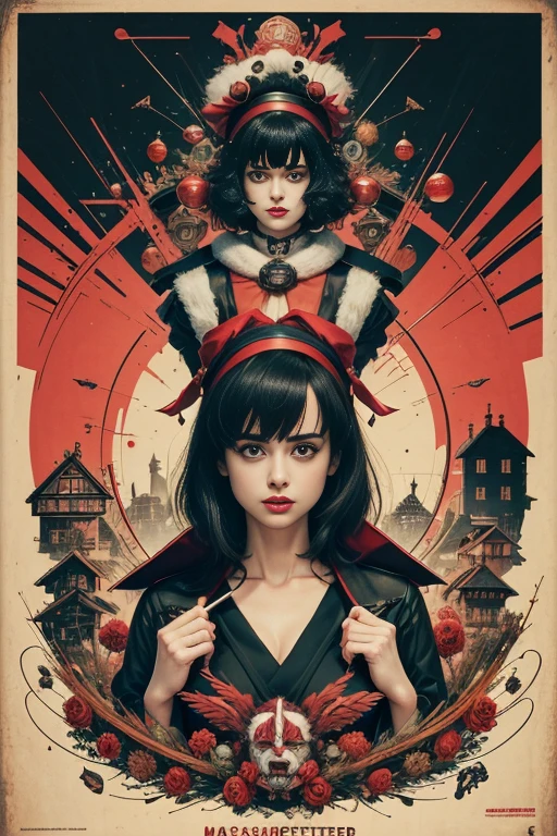 (masutepiece, Best Quality), krysten ritter、8K Wallpaper, Highly detailed, poster for, krampus, vintage horror, 1990's, christmas movie poster, Bauhaus, shapes, lines, Abstract, propaganda, Gothic, Cinematic poster, Vintage,