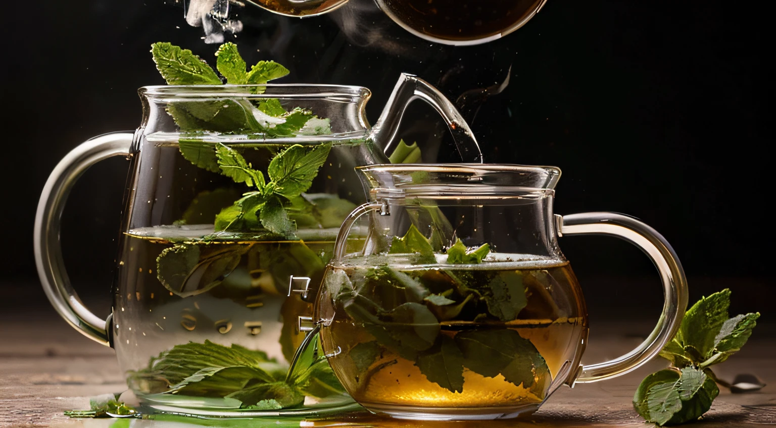 Imagem de (((Like tea))), sendo colocado em copos transparentes, with a kettle emitting smoke showing some of the ingredients it is made of, I really want clarity with every possible detail in this image.