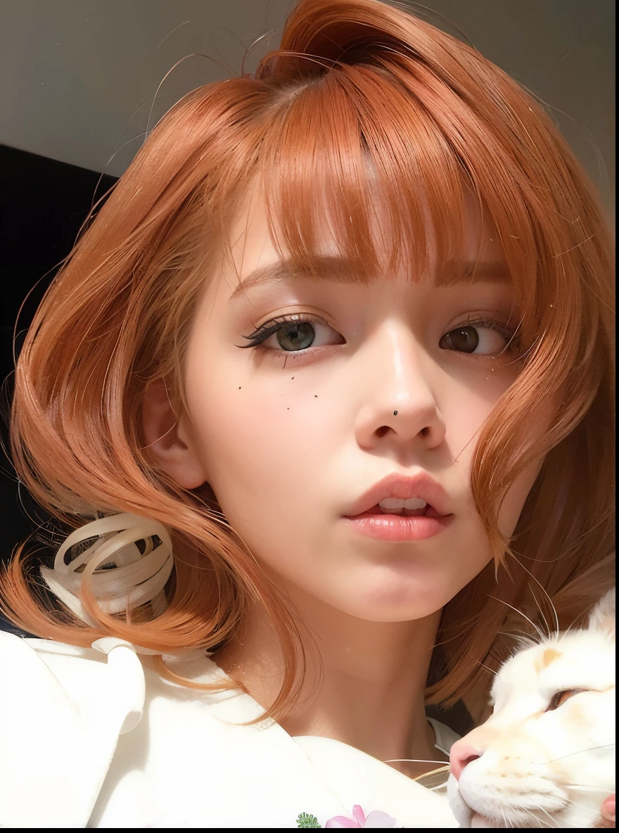 Araffe de pelo rojo y un gato blanco en brazos, El Corte Hime, Lalisa Manobal, coral brown hair, Cabello limpio con flequillo, Lalisa Manoban de Blackpink, flequillo esponjoso, con flequillo completo, con pelo corto con flequillo, Peinado blanco de corte hime, Cabello rojo y rasgos atractivos, con flequillo, Sun Yunjoo, pale round face