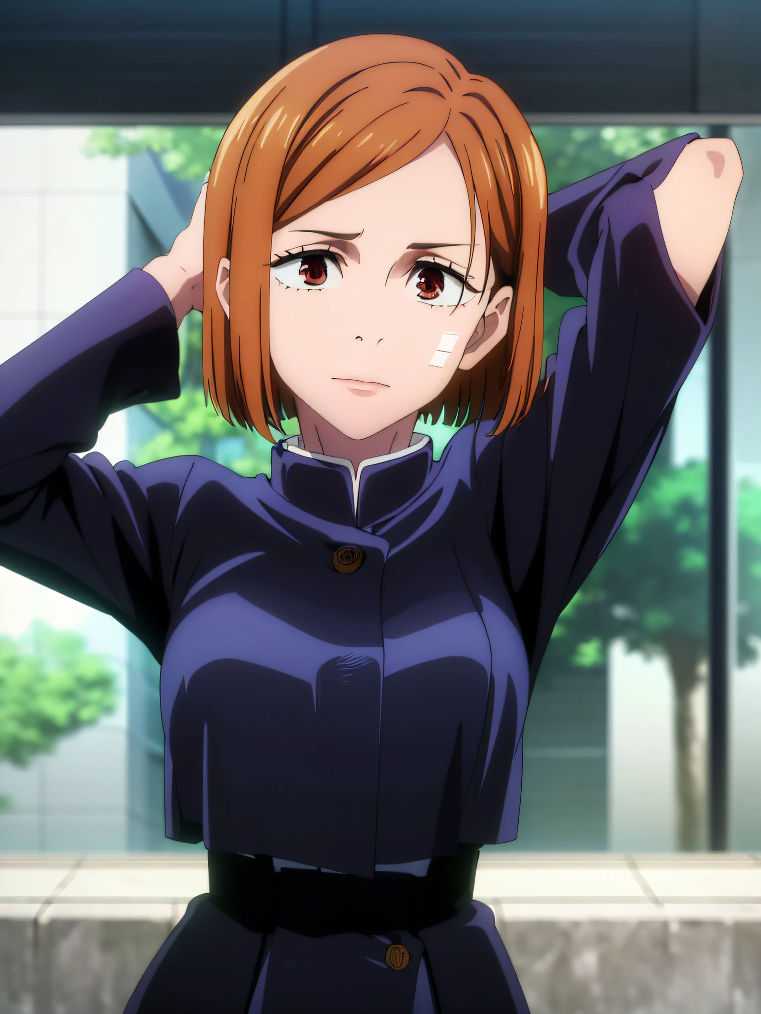 (masterpiece), (best quality), (ultra-detailed), (best illustration), (best shadow), (absurdres), nobarakugisakinova, short hair, orange hair, ((brown eyes)), kugisaki nobara, 1girl, solo, bangasterpiece:1.0),(best_quality:1.0), ultra high res,4K,ultra-detailed, photography, 8K, HDR, highres, absurdres:1.2, Kodak portra 400, film grain, blurry background, bokeh:1.2, lens flare, (vibrant_color:1.2), (beautiful_face:1.5),(narrow_waist),school uniorm gakuran,outdoors,arms up,long sleeves