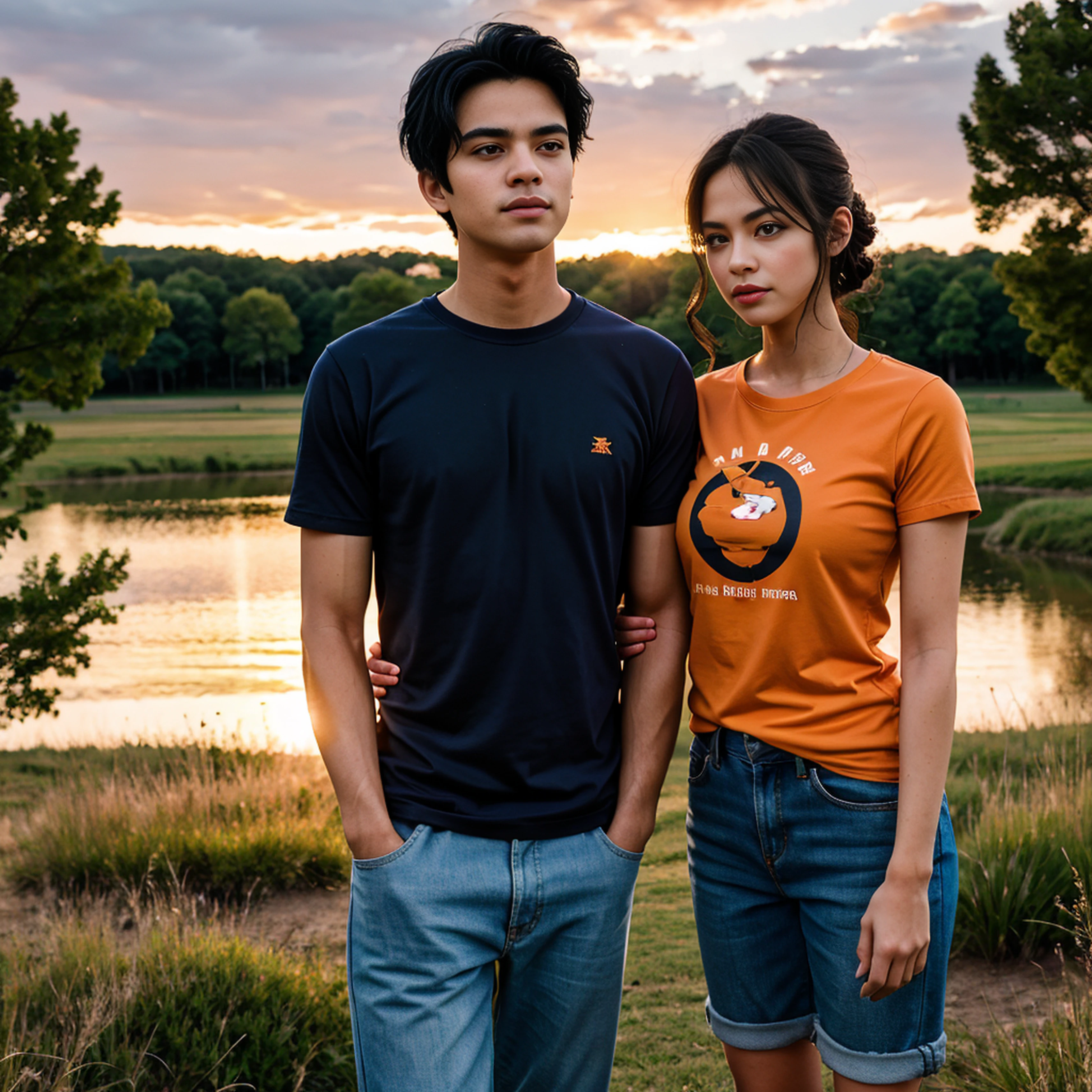 Masterpiece, best quality, {best quality}, {{masterpiece}}, {highres}, {{{field field}}, extremely detailed couple, illustration, couple, 1boy, 1girl, couple, love, love, romantic, sharp focus, male focus, female focus, black hair, violet eyes, sun, sunlight, lifting, surprised, envy, orange sky, t-shirts, men's leisure clothes, expressionless, women's fashion