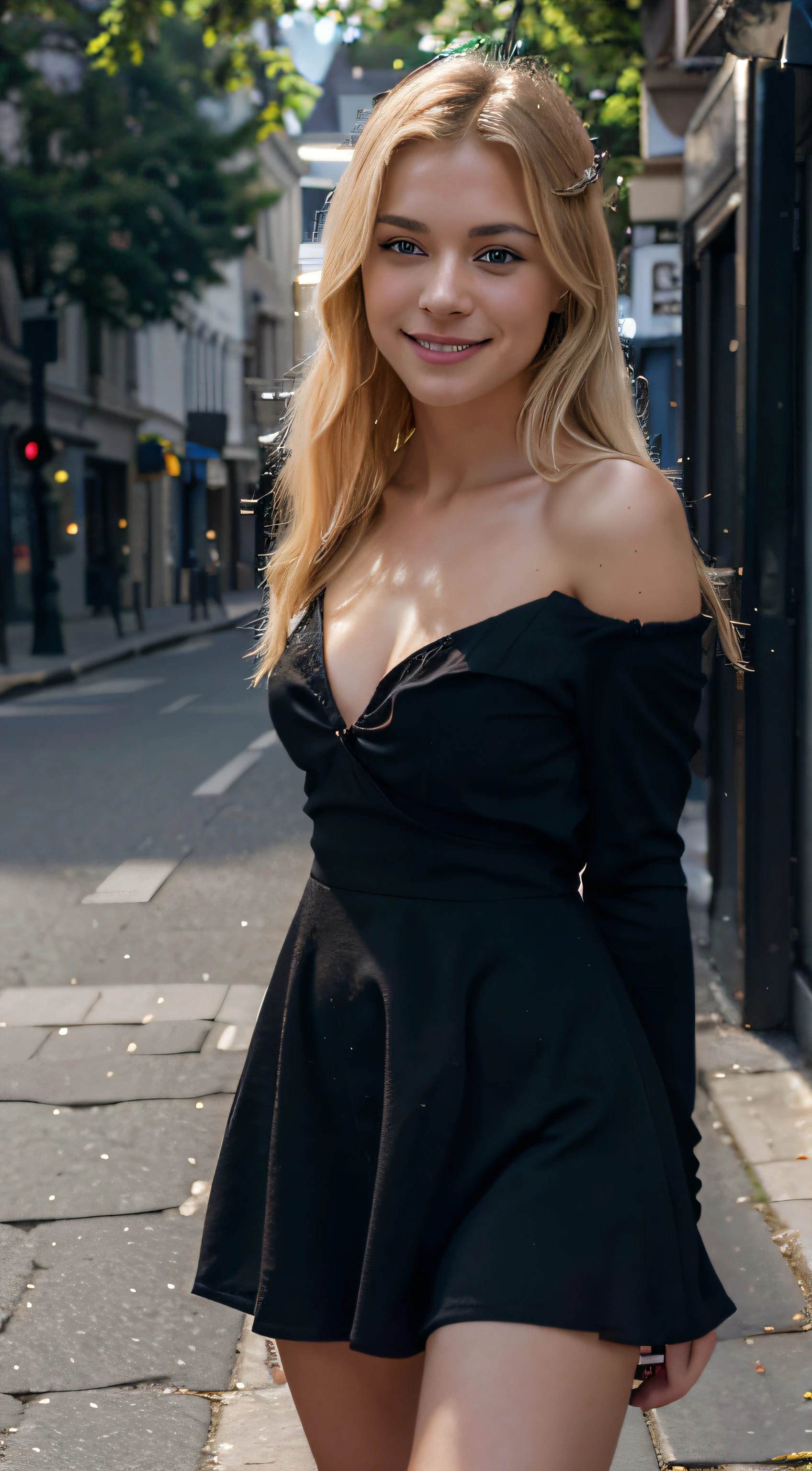 Beautiful European girl with blue eyes and blonde hair, porter une robe noire, Poser dans la rue, Souriant, in daylight, (photoreallistic: 1.4), High resolution , (finely detailed skin), (proportions parfaites) (Realistic photos) (Best quality) 8K UHD, DSLR, softlighting, High quality, grain du film, Fujifilm XT3, (Style ModelShoot)