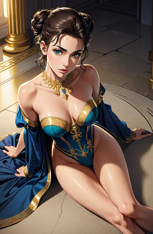 (Award-winning glamour full body photograph of a gorgeous 1girl latin adorned in a royal blue ball gown, her hazel eyes radiating confidence as she poses on the steps of an opulent chateau, her hair swept up in an intricate bun), ((small nose, perfect nose)), (greenish yelowish eyes), (brunette), (tunned skin), (slim body), film grain, medium quality, small perky breasts, ((small breasts)), innocent, intricate details, highly detailed, sharp focus, professional, 4k, god rays, golden hour, hand model, stunning green eyes, petite, delicate, innocent, highres, detailed facial features, high detail, sharp focus, smooth, aesthetic, extremely detailed, photo_\(ultra\), photorealistic, realistic, post-processing, max detail, roughness, real life, ultra realistic, photorealism, photography, 8k uhd, photography, russian face, fashion color grading, look from above