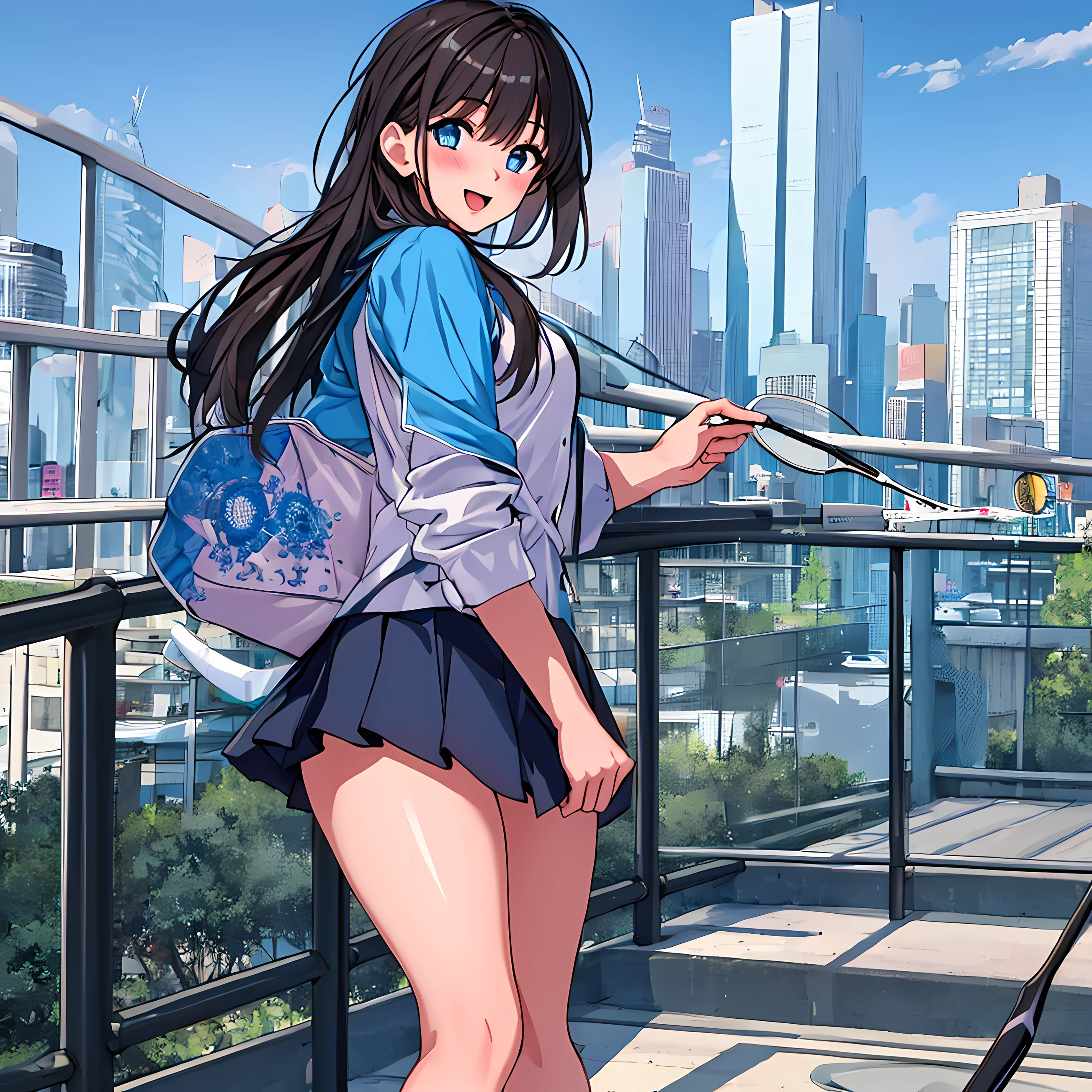 (masterpiece:1.2) (best quality) (detailed) (intricate) (8k) (HDR) (wallpaper) (cinematic lighting) (sharp focus),1girl, building, chain-link_fence, fence, skyscraper, cityscape, ferris_wheel, blue_sky, city, racket, sky, blush, tennis_racket, skyline, rooftop, architecture, smile, day, east_asian_architecture, lens_flare, tower, bridge, house, open_mouth, real_world_location, Abigail