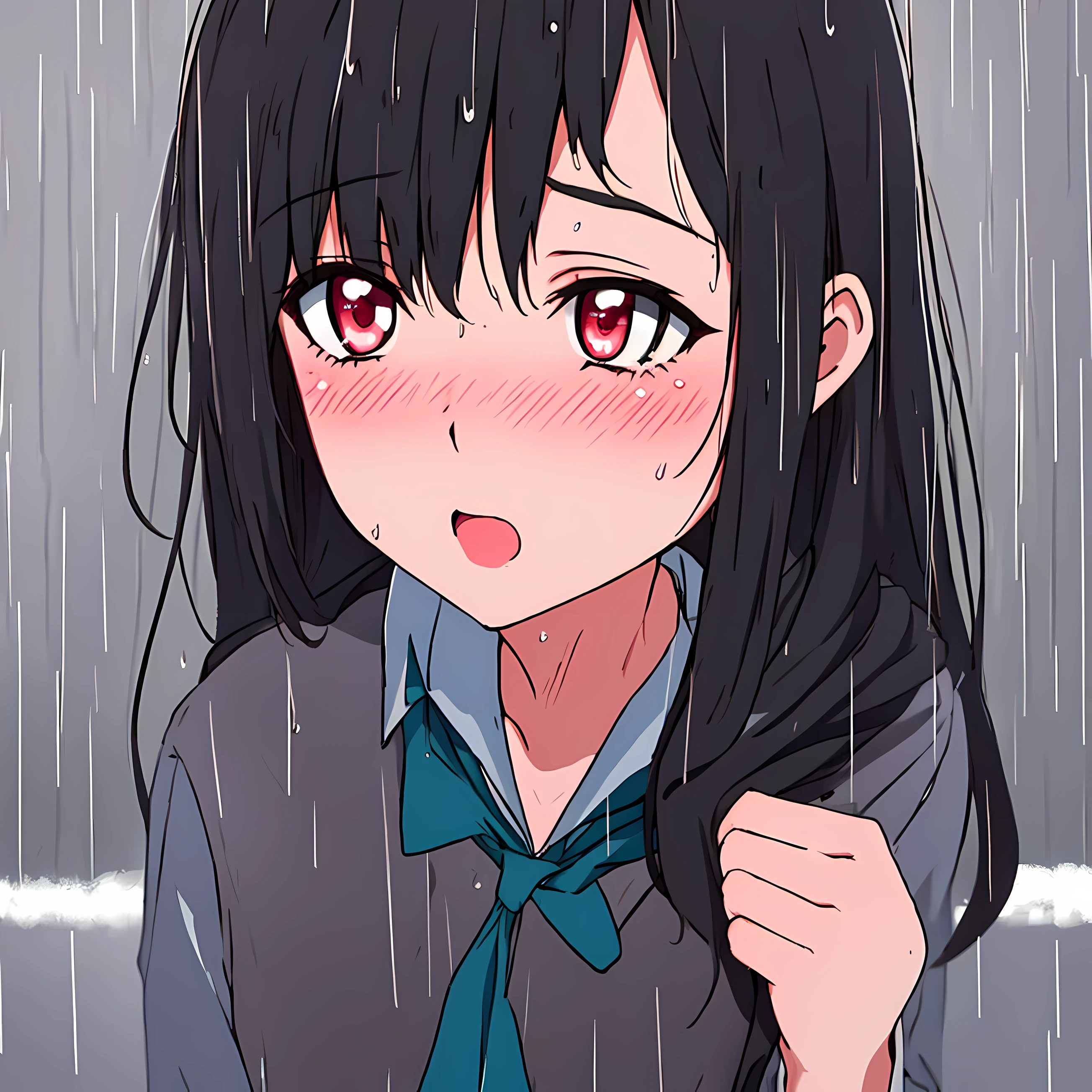 1girl, long black hair,schoolgirl uniform, shy, blush, wet, rain, transparent, (masterpiece, best quality), soft light, cinematic composition, cinematic light