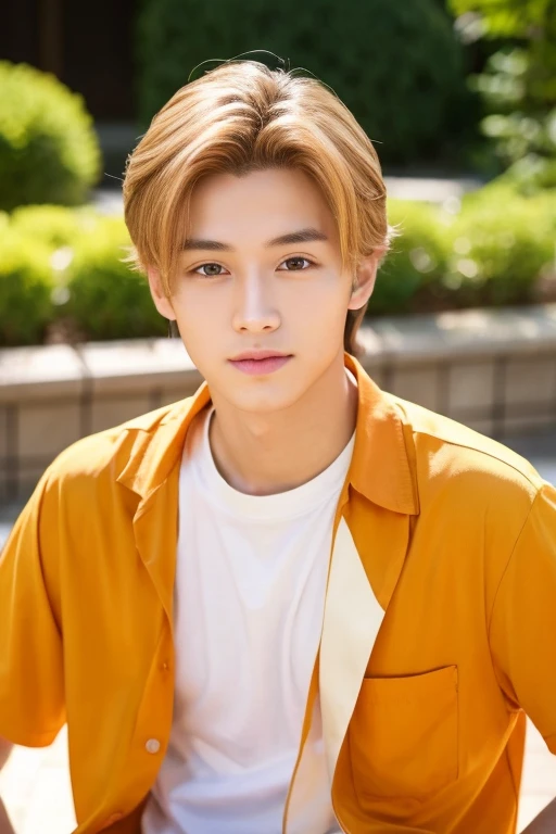 Man's,center parts,Forehead,Beautiful young man,japan america mix, age,Like a girl,Orange blonde hair,Light brown eyes,yellow shirts,profile