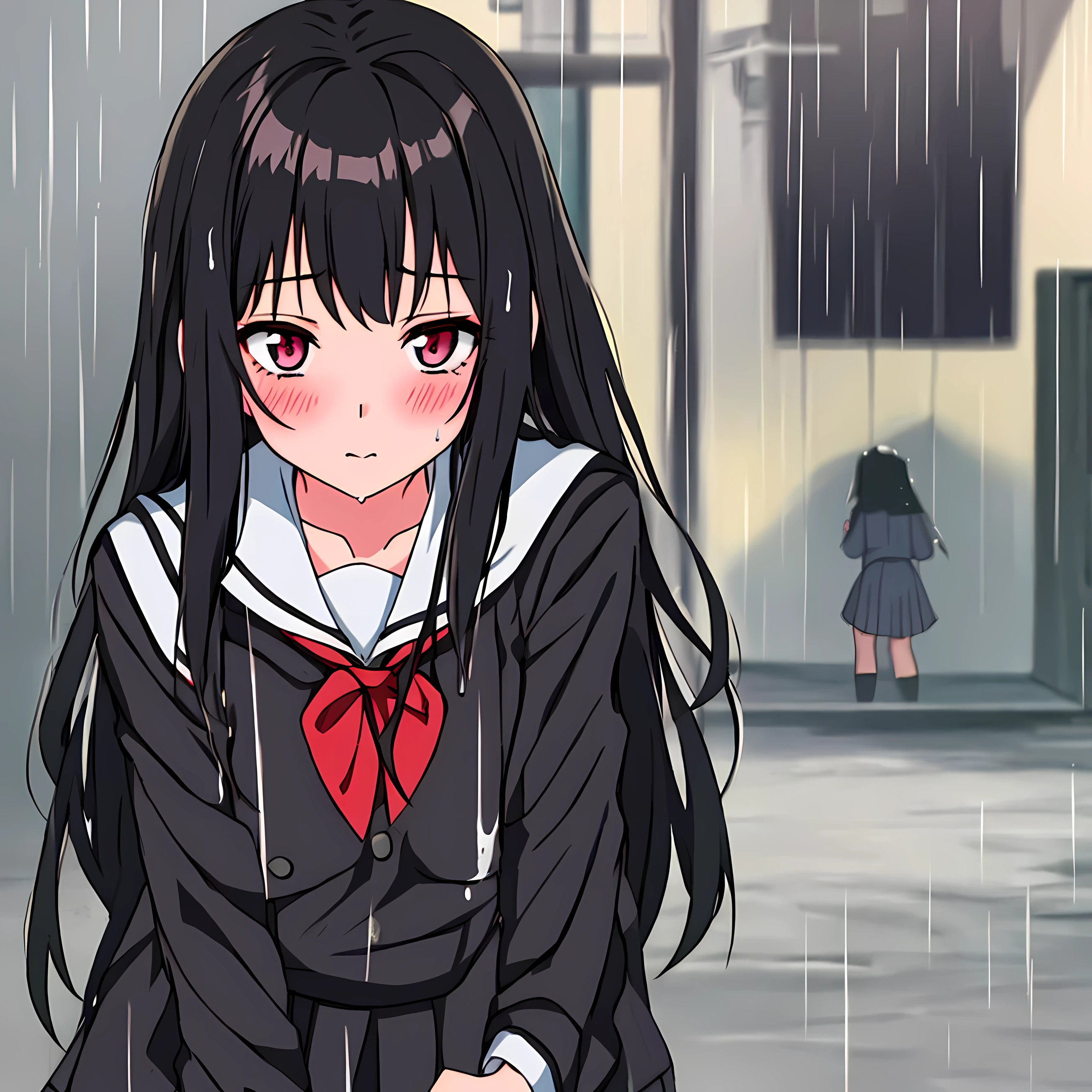 1girl, long black hair,schoolgirl uniform, shy, blush, wet, rain, transparent, (masterpiece, best quality), soft light, cinematic composition, cinematic light