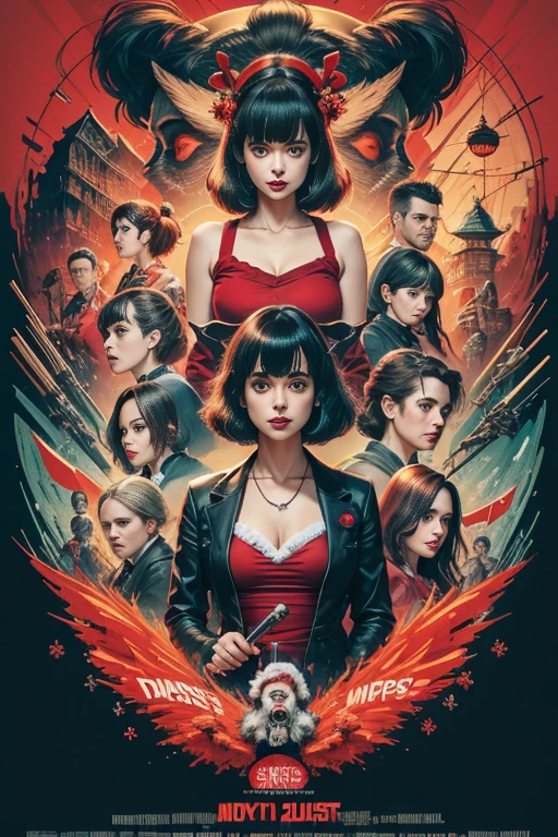 (masutepiece, Best Quality), krysten ritter、8K Wallpaper, Highly detailed, poster for, krampus、 1990's, christmas movie poster, , shapes, lines, Abstract, propaganda, Gothic, Cinematic poster, Vintage,