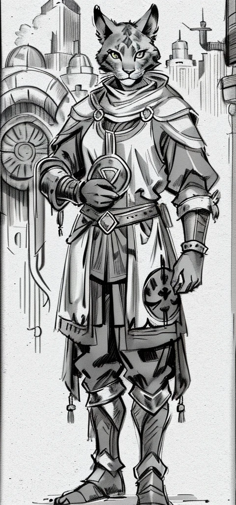 khajiit female young, ((solo)), RPG fantasy medieval illustration, big busty, grayscale, monochrome, no background_with a pure white background, simple background, black and white art sketch