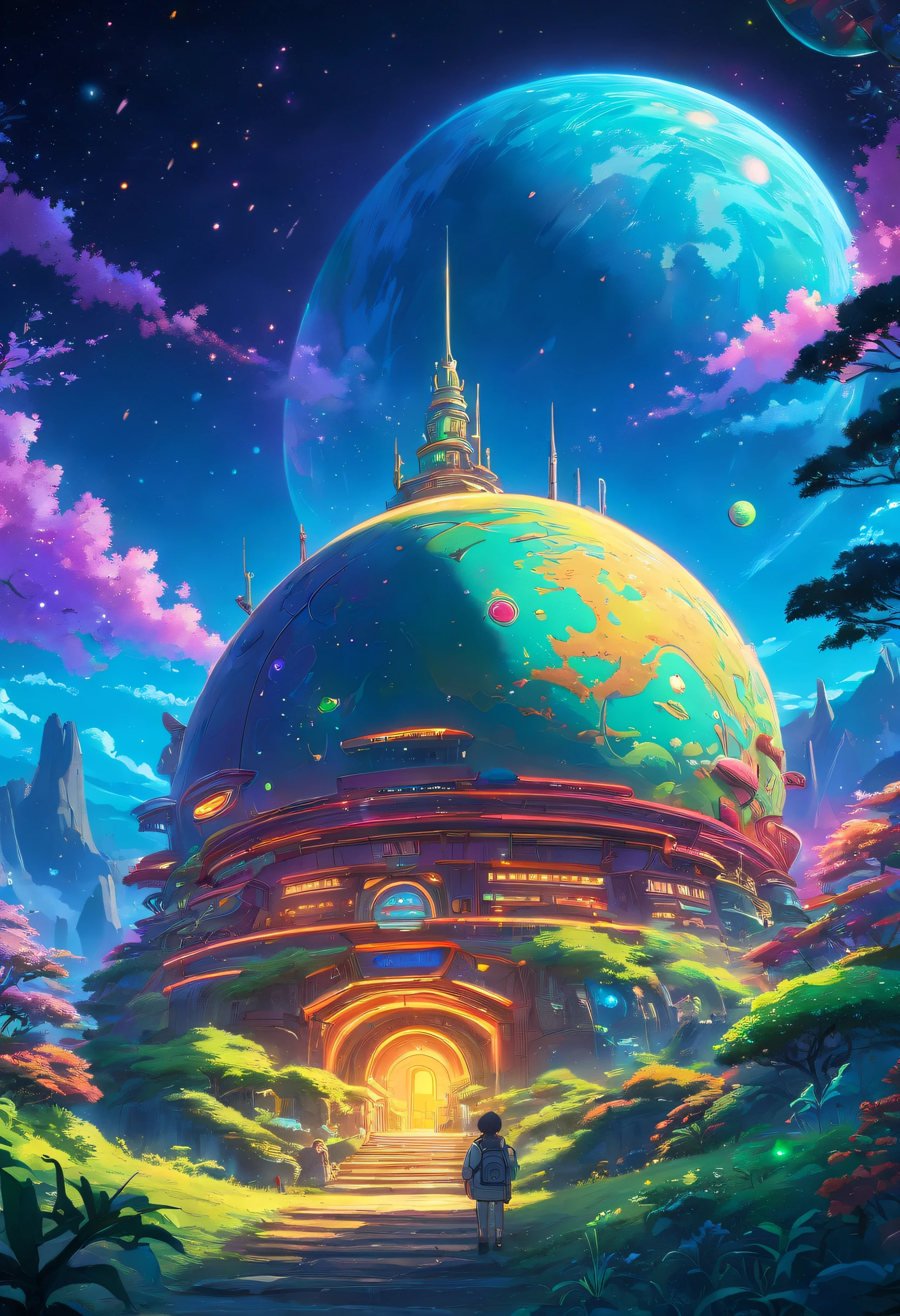 spaceship on alien planet, Studio Ghibli-style anime, vibrant galactic colors, detailed sci-fi landscape, toon shading, Moebius-inspired, colorful bokeh, intricate plant life, dark background, cel shading, highres, ultra-detailed, anime, vibrant, sci-fi, Studio Ghibli, Moebius, toon shading, detailed landscape, spaceship, alien planet, dark background, colorful bokeh, intricate plant life