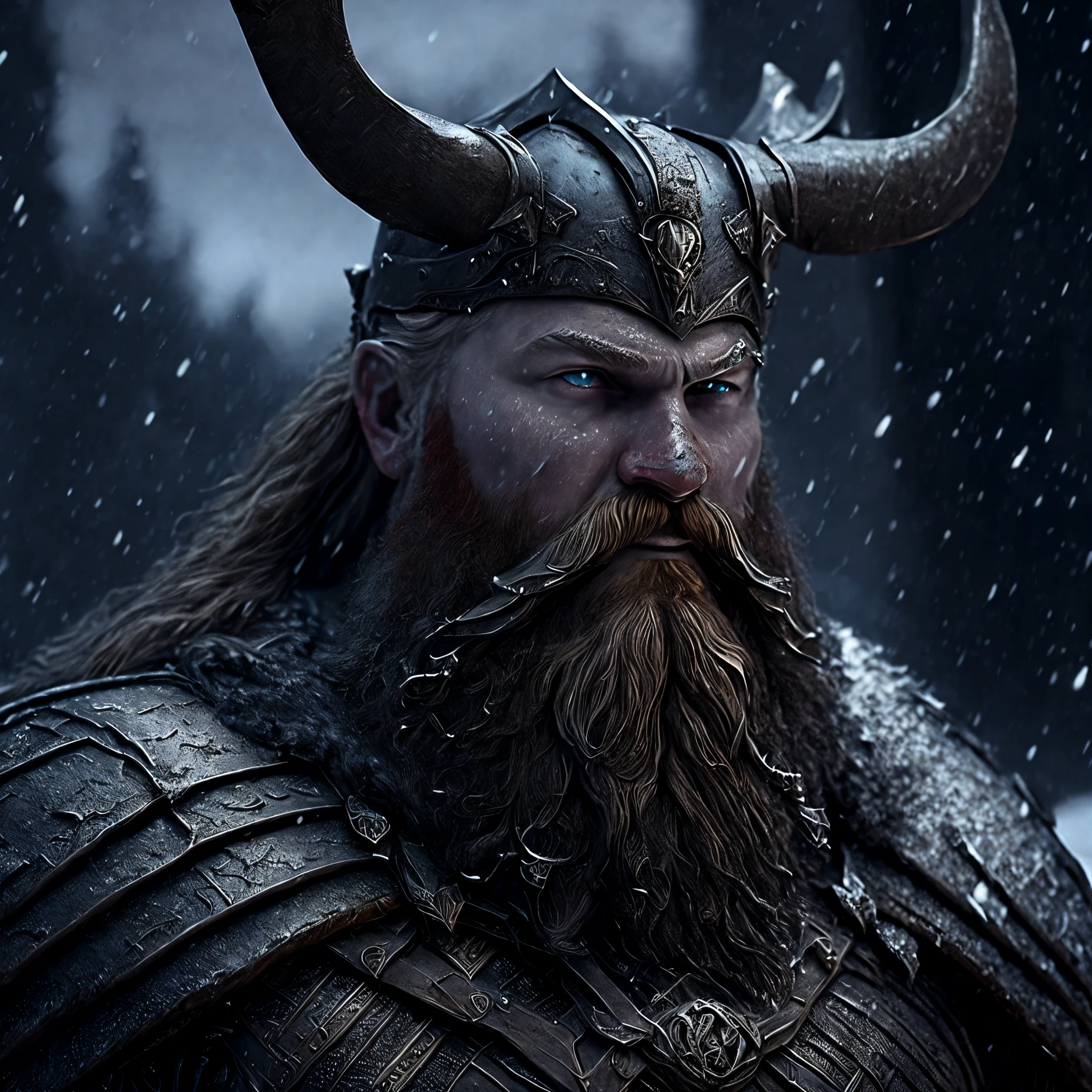 Close-up (viking made of iron from Marvel in goth style: 1.3) emerging from the scary Victorian ages, snow storm, well detailed, volumetric light