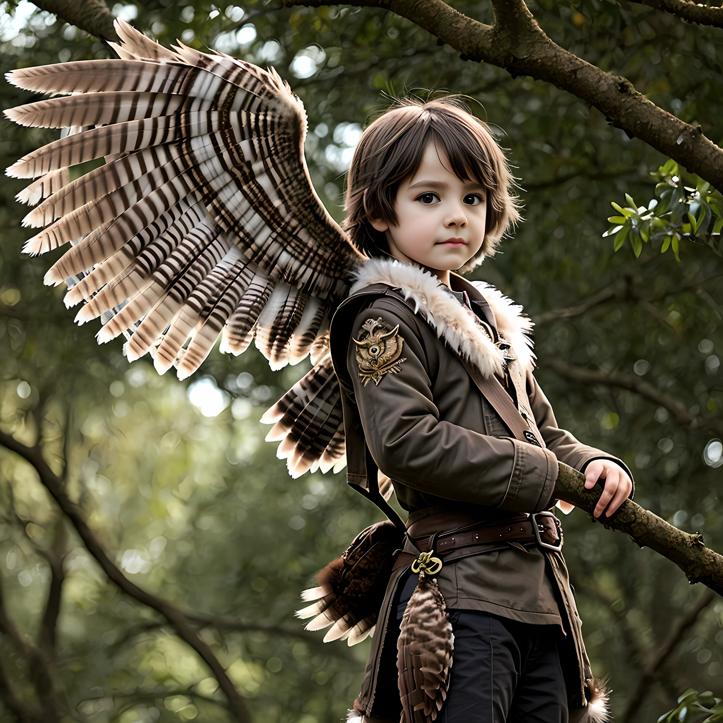 Create a hybrid child with owl half child with owl traits and feathers for a DND RPG with owl wings and owl eyes