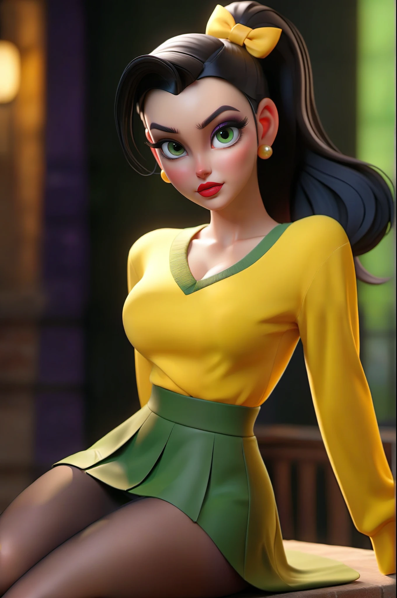 Masterpiece, ultra detailed, best quality, intrincated textures, 8k !(beautiful girl full body with green eyes and black hair gathered in a ponytail, she has long eyelashes and red lipstick, she has a slim and athletic body, she wears a yellow top with long sleeves and a low chest, she wears a purple pleated miniskirt and pantyhose skin)