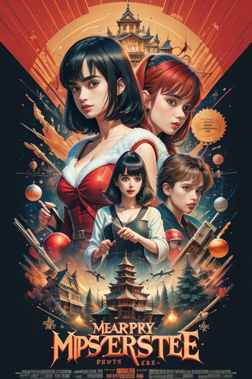 (masutepiece, Best Quality), krysten ritter、8K Wallpaper, Highly detailed, poster for,、 1990's, christmas movie poster,  shapes, lines, Abstract, propaganda, Gothic, Cinematic poster, Vintage,