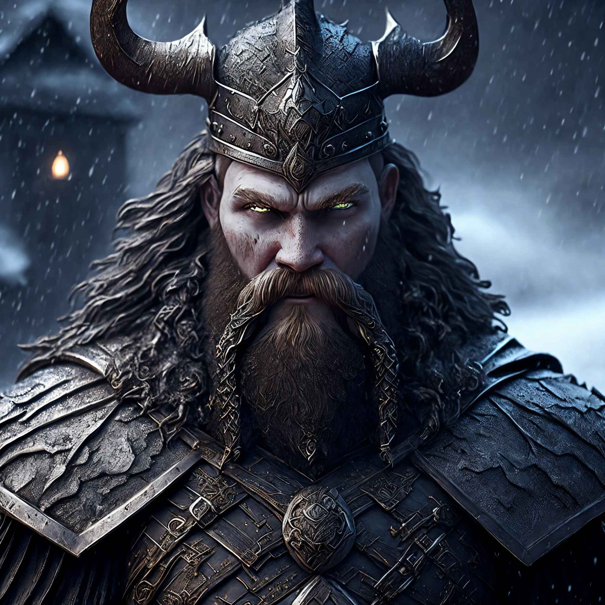 Close-up (viking made of iron from Marvel in goth style: 1.3) emerging from the scary Victorian ages, snow storm, well detailed, volumetric light