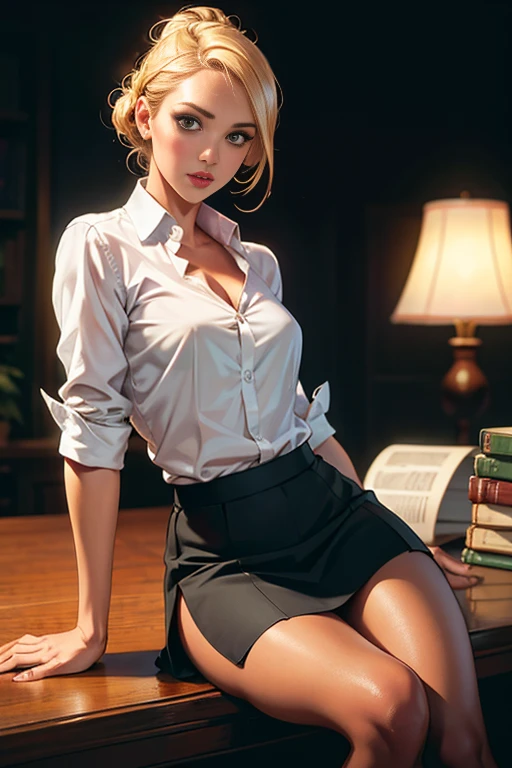 masutepiece, Beautuful Women, jessicaalba, (Fantasy Library Background), (Tight business shirt), (Very short skirt), (Stockings), Poaceae thorax), Perfect body, Blonde hair, Hair tied in a loose bun, Legs, (Skin Texture:1.1), Best Quality, 超A high resolution, (Photorealistic: 1.4), Raw photo, ellen von unwerth, nikon d850 film stock photograph, F1.6 lens, Rich colors, Realistic, cinestill 800, Backlight, Rim lighting, Studio Lighting, Erotic Photography