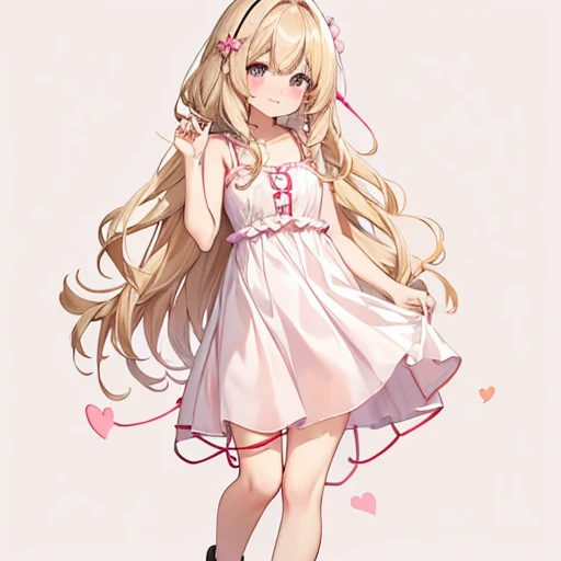 masutepiece, Best Quality, 1womanl, Beige hair:1.5、Wavy long hair、side swept bangs、独奏、Wearing a pink camisole dress、{{one tone background、 Background:1.8}}、full body Esbian、A call girl with a bewitching smile
