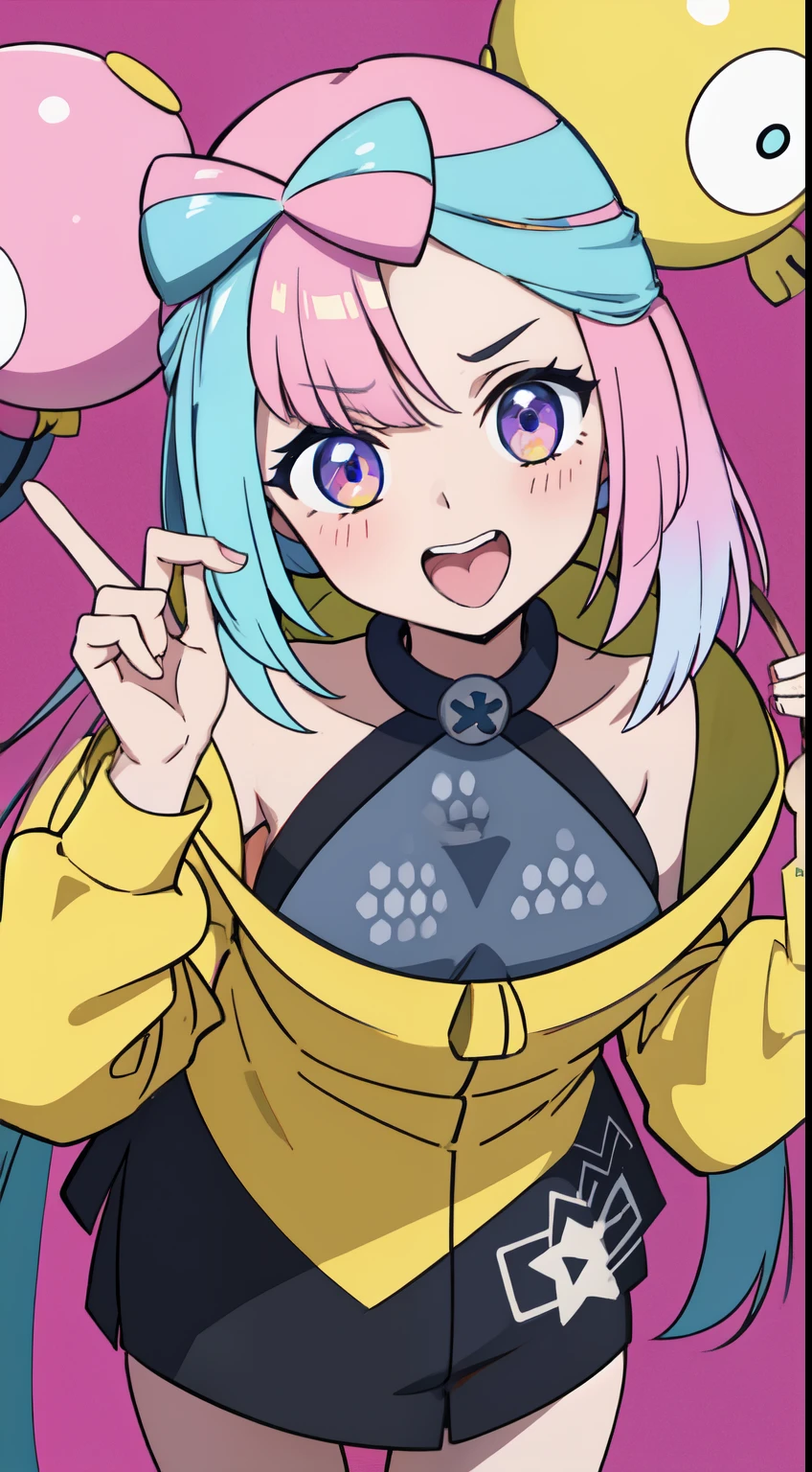 (1girl in, hight resolution,, Very detailed, full of details),NSFW,cleavage of the breast,fullnude,facing front,perspiring,red blush,Dynamic Poses,fight,Yellow jacket,Kiss Face,closing eye