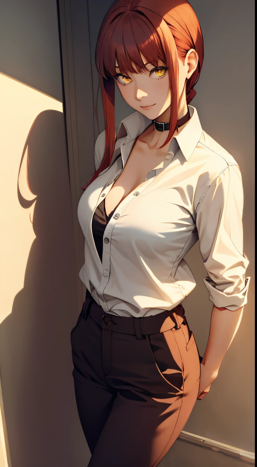 (masterpiece, best quality:1.2), solo, 1girl, red hair, yellow eyes, makima,, unbuttoned shirt with collar, on the chest, a lot of, black unbuttoned pants, wide hips, expose body, fitness