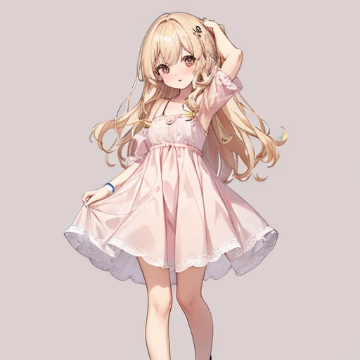 masutepiece, Best Quality, 1womanl, Beige hair:1.5、Wavy long hair、side swept bangs、独奏、Wearing a pink camisole dress、{{one tone background、 Background:1.8}}、full body Esbian、Call girl with a bewitching smile
