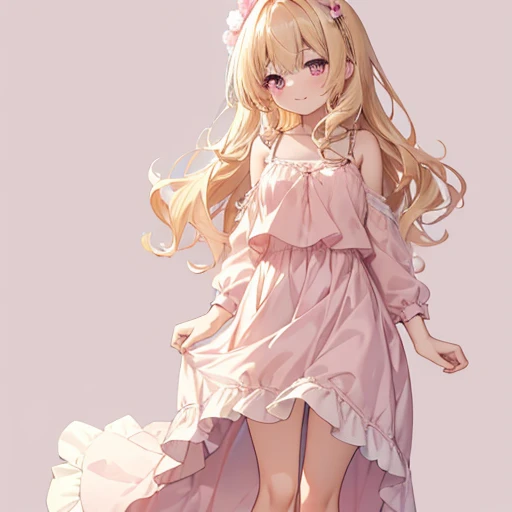 masutepiece, Best Quality, 1womanl, Beige hair:1.5、Wavy long hair、side swept bangs、独奏、Wearing a pink camisole dress、{{one tone background、 Background:1.8}}、full body Esbian、Call girl with a bewitching smile