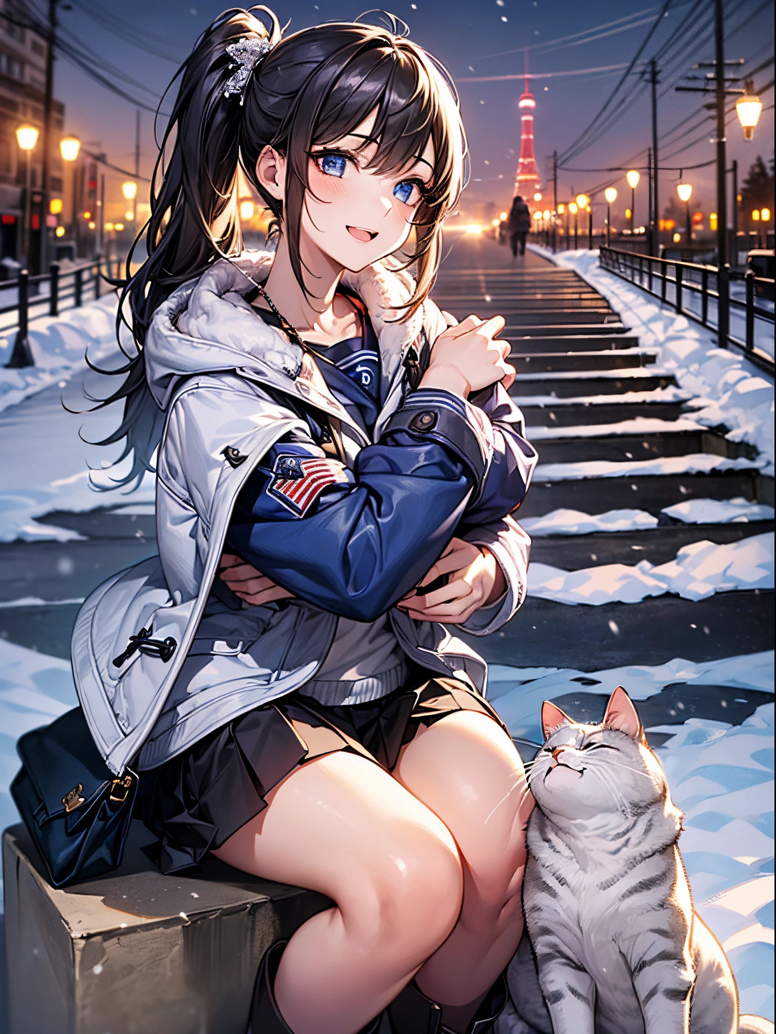 ((((perfect anatomy, super detailed skin)))), 1 girl, japanese, high school girl, shiny skin, large breasts:0.5, looking away, looking up, watching the view, from below,
beautiful hair, beautiful face, beautiful detailed eyes, (long hair:1.7, side ponytail:1.5), blond hair, blue eyes,
beautiful clavicle, beautiful body, beautiful chest, beautiful thigh, beautiful legs, face, mole under eye,
(((gray duffle coat), ((long sleeves)), all navy sailor suit, navy pleated skirt, navy sailor collar, red sailor scarf, thigh-highs, short boots), school bag, cross necklace), seductive thighs, ,
((smile:1.5, open your mouth wide)), sitting, (((hugging white cat, a lot of cats gather))),
(beautiful scenery), winter, midnight, hokkaido, sapporo, odori park, christmas, (christmas tree), illumination, tv tower, snow, snowfall:1.5, freezing weather, frost,
(8k, top-quality, masterpiece:1.2, extremely detailed), (photorealistic), beautiful illustration, cinematic lighting,