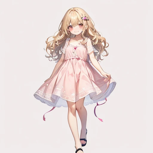 masutepiece, Best Quality, 1womanl, Beige hair:1.5、Wavy long hair、side swept bangs、独奏、Wearing a pink camisole dress、{{one tone background、 Background:1.8}}、full body Esbian、Call girl with a bewitching smile