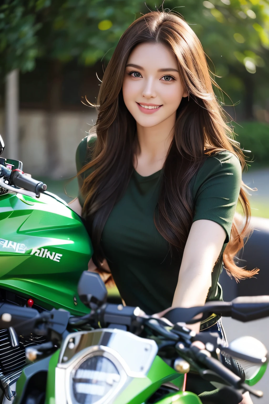 (brunette girl,long hair,green eyes,radiant smile,drive motorcycle,sexy)