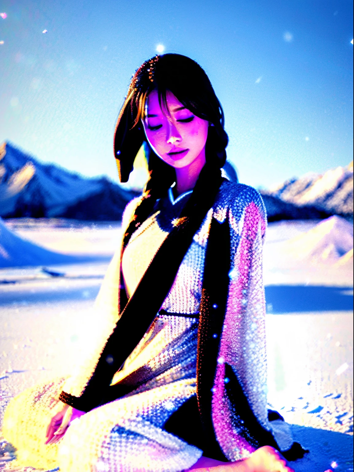 Beautiful young woman in Thai dress, meditating, snow field background, realistic photo, 3D feeling, beste-Qualit, maximum detail, The best reflection, CG Unity 8k wallpaper with great details., beste-Qualit, best illustration, best shadows, Diamond light fills the area, Image size 4:5