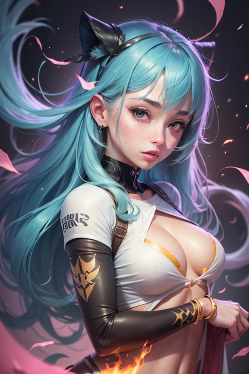Anime style woman with fire, s face, expressing pleasure, short clothes, symmetrical facial expression body, Random coloring page, 2D, planar vector, Character design, T-shirt design, Colorful splashes, vector art, Fantasy art, watercolor effect,Digital Painting, White BG, 8K --auto --s2