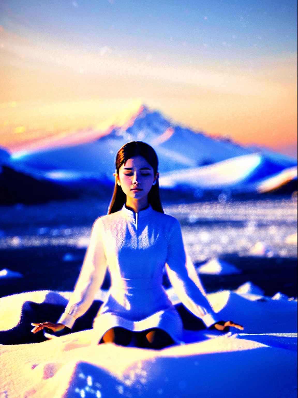 Beautiful young woman in Thai dress, meditating, snow field background, realistic photo, 3D feeling, beste-Qualit, maximum detail, The best reflection, CG Unity 8k wallpaper with great details., beste-Qualit, best illustration, best shadows, Diamond light fills the area, Image size 4:5