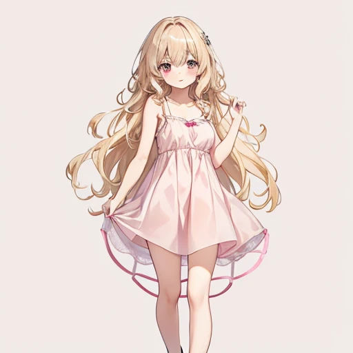 masutepiece, Best Quality, 1womanl, Beige hair:1.5、Wavy long hair、side swept bangs、独奏、Wearing a pink camisole dress、{{one tone background、 Background:1.8}}、full body Esbian、Call girl with a bewitching smile