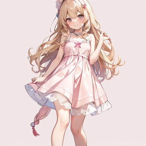 masutepiece, Best Quality, 1womanl, Beige hair:1.5、Wavy long hair、side swept bangs、独奏、Wearing a pink camisole dress、{{one tone background、 Background:1.8}}、full body Esbian、Call girl with a bewitching smile