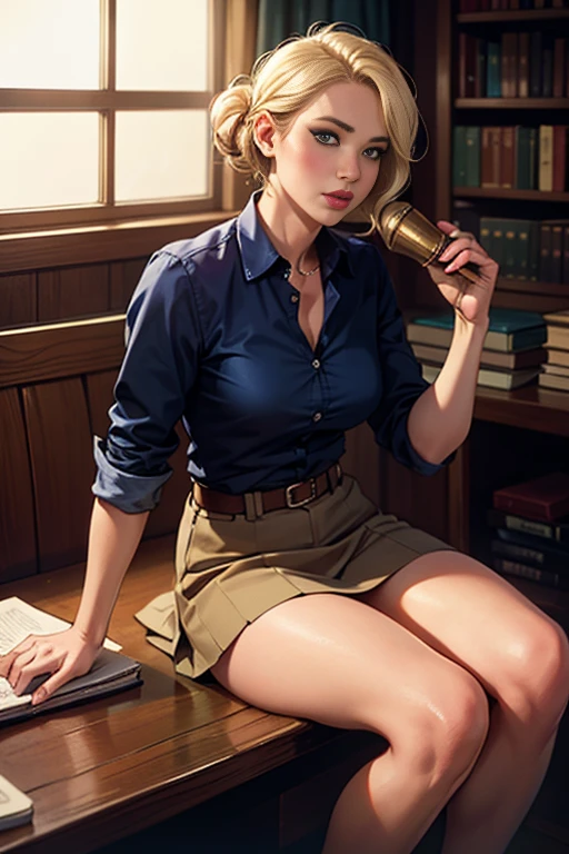 Military female officer is a bimbo teacher, wearing a green army hat, tan skin, tan lines, school classroom, at classroom chair, legs crossed, green tigh skirt, legs crossed, thick thighs, ((wearing a light brown button shirt)), (best quality,4k,8k,highres,masterpiece:1.2),ultra-detailed,(realistic,photorealistic,photo-realistic:1.37), HDR, UHD, studio lighting, ultra-fine painting, sharp focus, physically-based rendering, extreme detail description, professional, vivid colors, bokeh, portraits, lace, vintage, glamorous, sensual, delicate, smooth skin tone, golden lighting, luxurious, alluring gaze, lustrous hair, vintage makeup, graceful pose, intimate setting, soft shadows, retro decor, intricate patterns, exquisite embroidery, enchanting ambiance, feminine charm, seductive atmosphere, pointing a firearm, mysterious and dangerous allure, confident demeanor