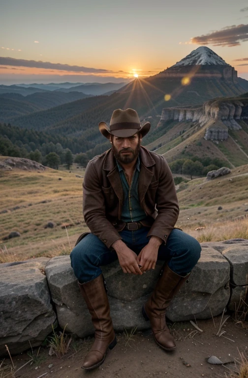 a man sitting on the end of a cliff, with a buzz cut with fade, a beard, and brown hair. He is Arthur Morgan, the protagonist of the video game Red Dead Redemption 2, which is set in the Wild West era. He is wearing a tan jacket, a blue shirt, black pants, black long boots, and a black cowboy hat. He has a golden revolver in his hand, and a white horse standing behind him. The cliff is on the highest mountain in the game, which is Mount Hagen. The mountain is covered with snow and rocks, and there are tall grasses in some places. The sun is setting in the background, creating a beautiful orange and purple sky.