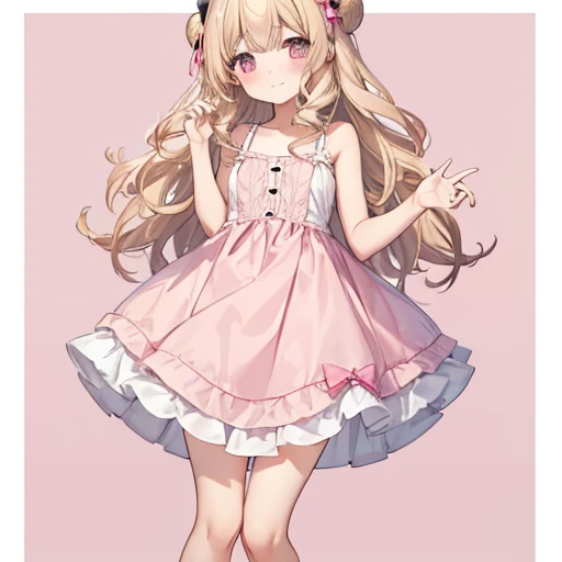 masutepiece, Best Quality, 1womanl, Beige hair:1.5、Wavy long hair、side swept bangs、独奏、Wearing a pink camisole dress、{{one tone background、 Background:1.8}}、full body Esbian、Call girl with a bewitching smile、Gothic lolita