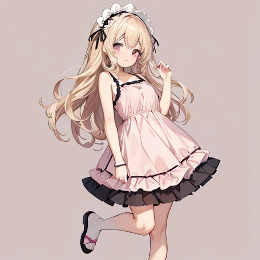 masutepiece, Best Quality, 1womanl, Beige hair:1.5、Wavy long hair、side swept bangs、独奏、Wearing a pink camisole dress、{{one tone background、 Background:1.8}}、full body Esbian、Call girl with a bewitching smile、Gothic lolita