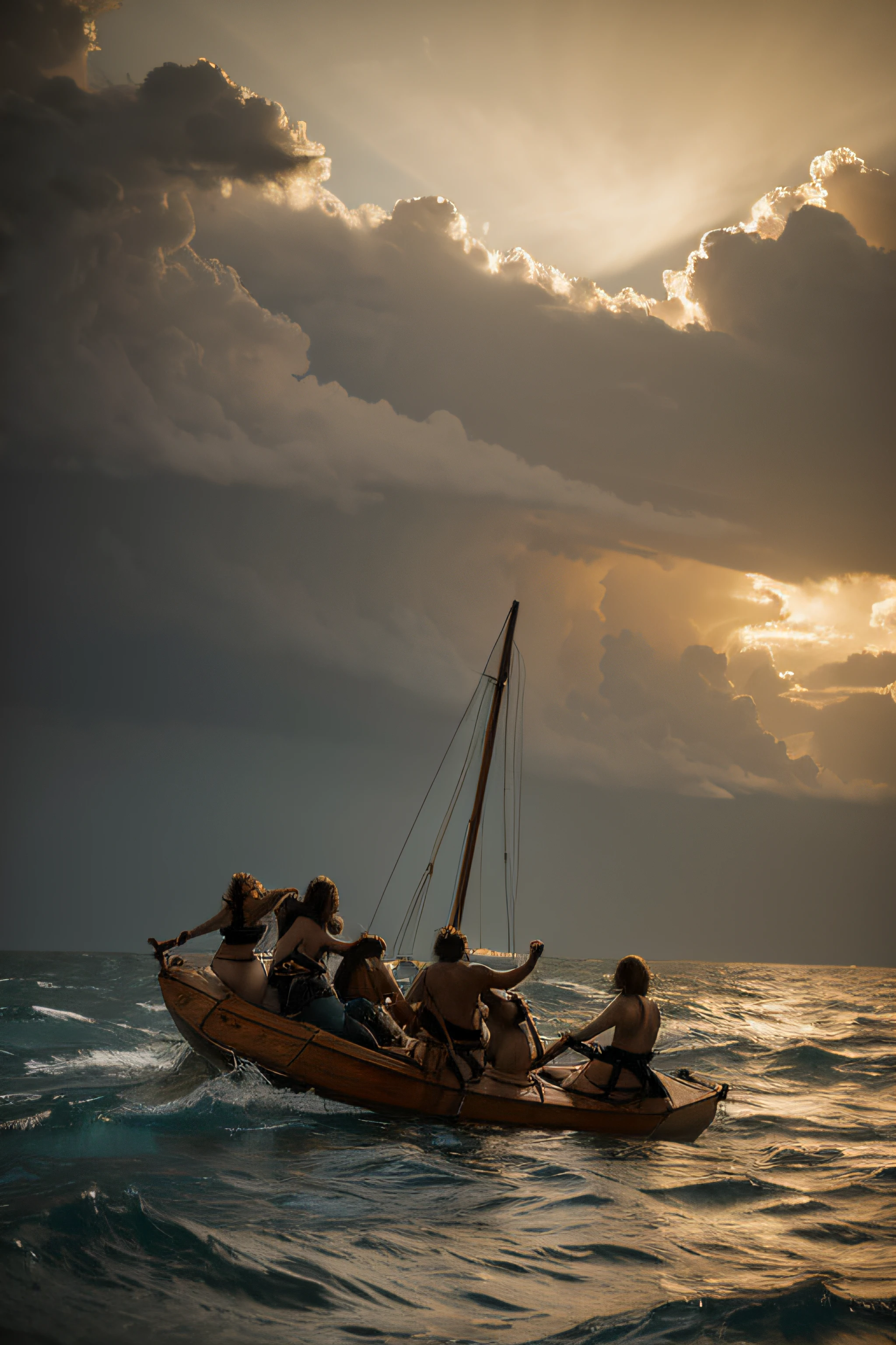 stormy sea, dramatic sky, sunset, godrays, wide angle, fashion photo with three stunning dripping wet women on a (wooden raft:1.1), colossal breasts, 3girls, leaning mat, torn sail, (nsfw:1.1), torn clothes, torn upper clothes, wet t-shirt, partial nudity, pubic hair, the composition is inspired by Théodore Géricault's painting ("The Raft of the Medusa":1.1), graceful poses ,faithful reproduction of the dramatic atmosphere of the painting, The poses involve serious and dramatic expressions, reminiscent of the distressed characters in the original painting, Framing highlights the three women at the center, evoking the composition of the classic artwork. The setting is a raft, (tumultuous sea:1.1), strong contrasts, (dramatic lighting:1.1),(chiaroscuro:1.2), cinematic lighting, [elevated angle shot], Géricault's tableau.