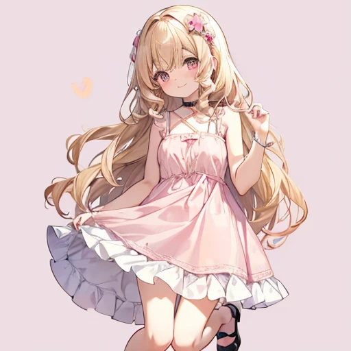 masutepiece, Best Quality, 1womanl, Beige hair:1.5、Wavy long hair、side swept bangs、独奏、Wearing a pink camisole dress、{{one tone background、 Background:1.8}}、full body Esbian、Call girl with a bewitching smile、Gothic lolita