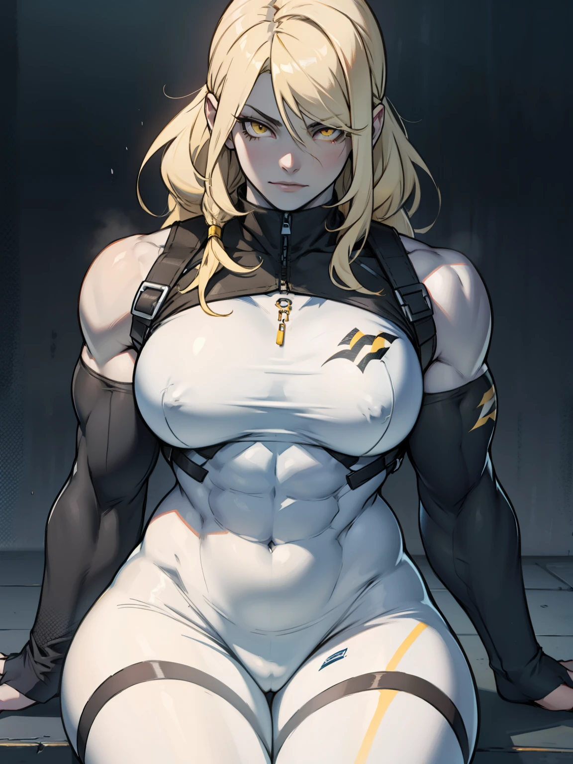 yellow eyes muscular girl large breasts pale skin tight