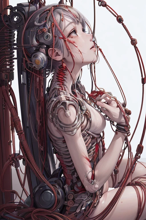 (masterpiece, top quality, best quality, official art, beautiful and aesthetic:1.2), (1girl:1.3), extreme detailed,colorful,highest detailed ((ultra-detailed)), (highly detailed CG illustration), ((an extremely delicate and beautiful)),(from side),cinematic light,((1mechanical girl)),solo,full body,(machine made joints:1.2),((machanical limblood vessels connected to tubeechanical vertebra attaching to back),((mechanical cervial attaching to neck)),(sitting),expressionless,(wires and cables attaching to neck:1.2),(wires and cables on head:1.2)(character focus),science fiction,white background,(blood:1.5)