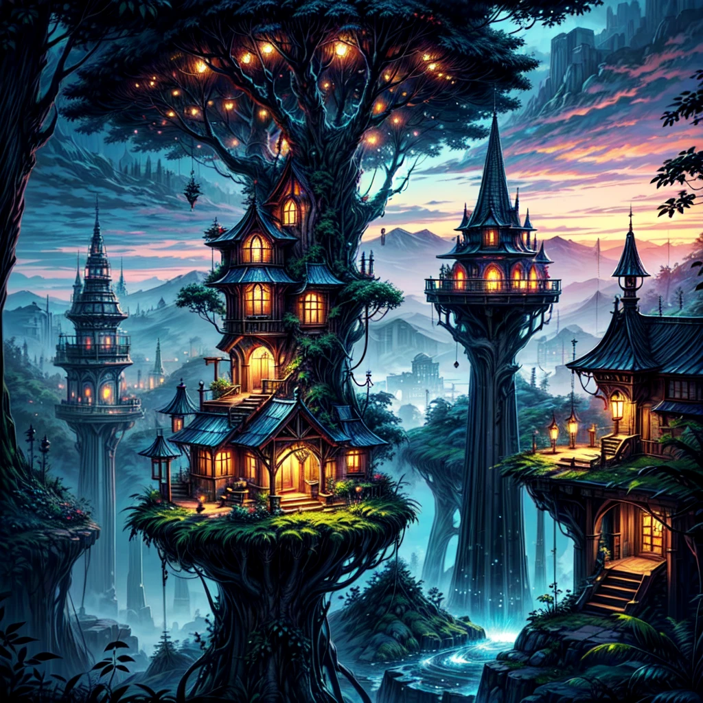 (best quality,ultra-detailed),(fantasy,imaginary) elven city,jungle,wide shot,far shot, aerial view,(magical,enchanted) world tree,tree houses,(natural magic,mystical powers),vibrant colors,(ethereal,otherworldly) lighting