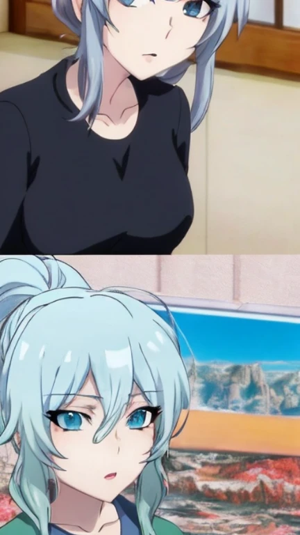Yukino, na cama, cabelos prateados e olhos azuis, black shirt and no bra, visual anime de uma menina bonito, Captura de tela do filme de anime, & her expression is solemn, no filme de anime, em um anime, visual anime de uma jovem mulher, ela tem um rosto expressivo bonito, ainda de anime, peito grande, bochecha vermelha, cara lasciva