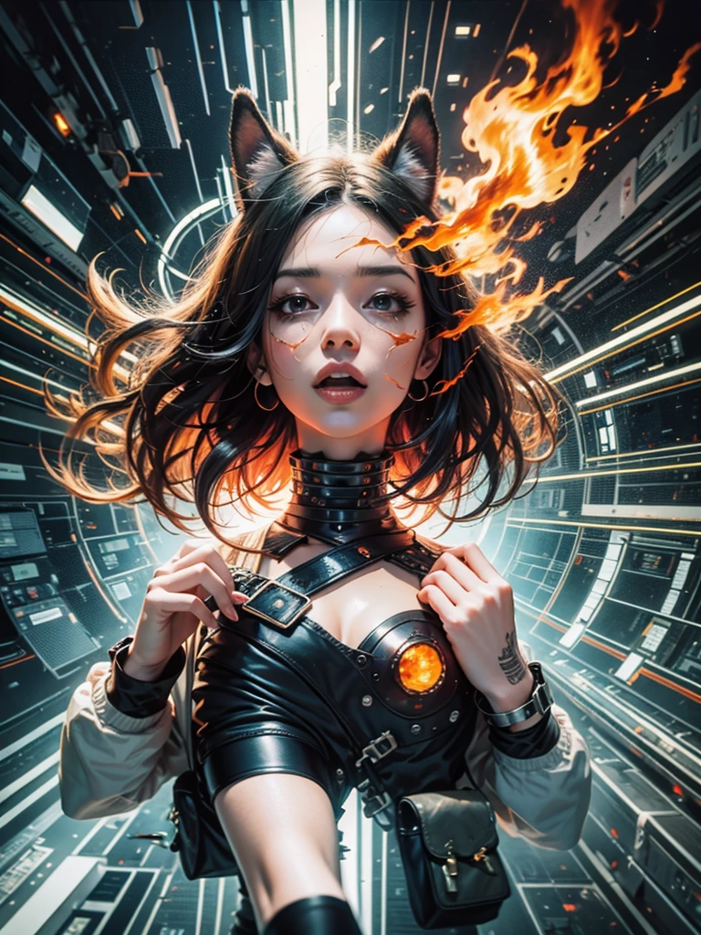 Anime style woman with fire, s face, expressing pleasure, short clothes, symmetrical facial expression body, Random coloring page, 2D, planar vector, Character design, T-shirt design, Colorful splashes, vector art, Fantasy art, watercolor effect,Digital Painting, White BG, 8K --auto --s2