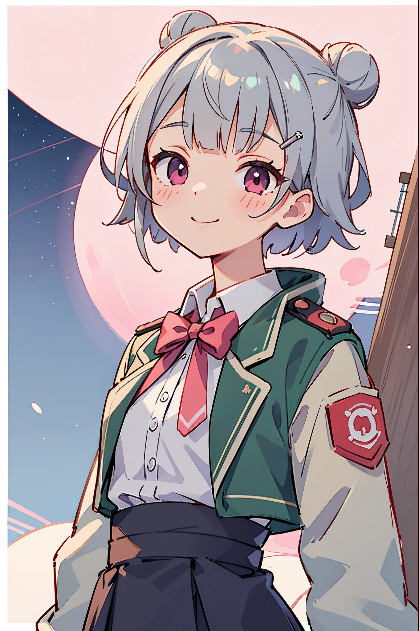 A futuristic world,a perfect illustration of artifical intelliengence,After 5143, 8K, Extremely detailed , flawless，hyperdetailed face，16-year-old girl，Eight-headed body， Short hair with silver bob styled in a bun with hair clip, Pink eyes、small tit，Background of the near future，During night combat，Smile，Dress Type，Wear a khaki troop jacket,Japan representative jacket、With flag patch、matrix、blade nana