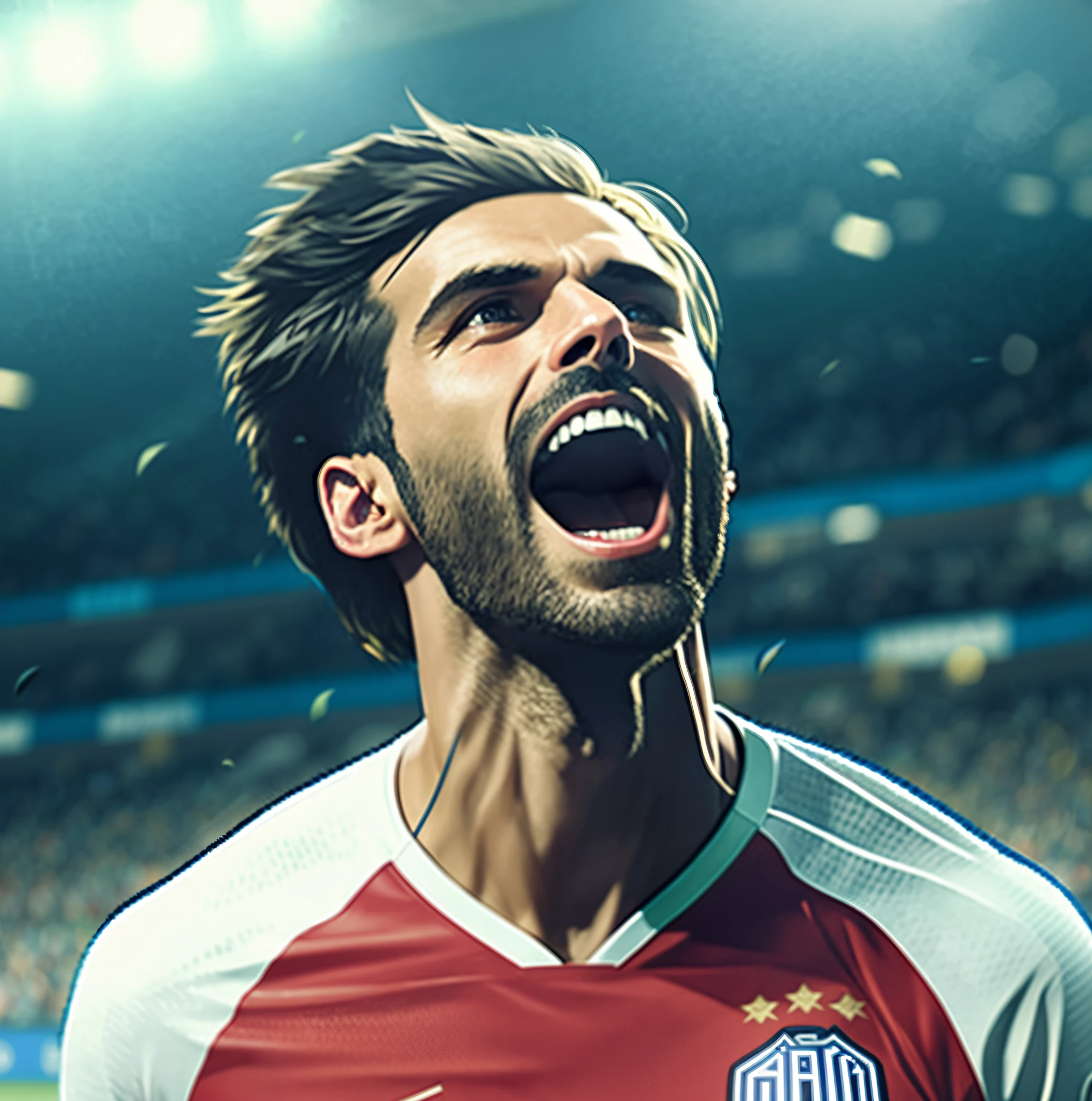 araffed soccer player with mouth open in a stadium, background : diego fazio, ultra high detail digital art, wojtek fus, ultra detailed digital art, amazing wallpaper, guillem h. pongiluppi, hyper detailed digital art, orelsan, detailed digital artwork, anton fadeev 8 k, photoshop render, ultra-high detail