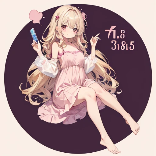 masutepiece, Best Quality, 1womanl, Beige hair:1.5、Wavy long hair、side swept bangs、独奏、Wearing a pink camisole dress、{{one tone background、 Background:1.8}}、full body Esbian、Call girl with a bewitching smile、accurate hands、Precise feet