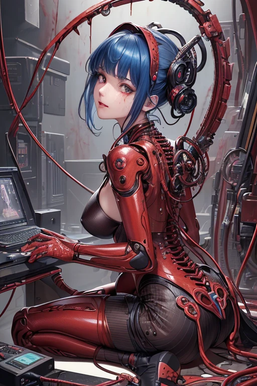 (masterpiece, top quality, best quality, official art, beautiful and aesthetic:1.2), (1girl:1.3), black and red colours, extreme detailed,colorful,highest detailed ((ultra-detailed)), (highly detailed CG illustration), ((an extremely delicate and beautiful)),(from side),cinematic light,((1mechanical girl)),solo,full body,(machine made joints:1.2),((machanical limblood vessels connected to tubeechanical vertebra attaching to back),((mechanical cervial attaching to neck)),(sitting),expressionless,(wires and cables attaching to neck:1.2),(wires and cables on head:1.2)(character focus),science fiction, factory background,(blood:1.5), blue hair